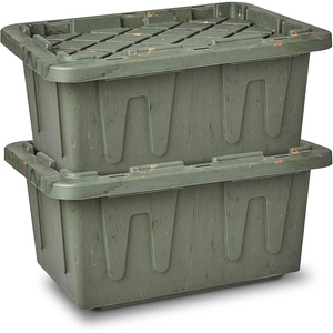 image:imageHOMZ Durabilt Plastic Storage Bins with Lids 27 Gal BlackYellow 2 PackCamo Green